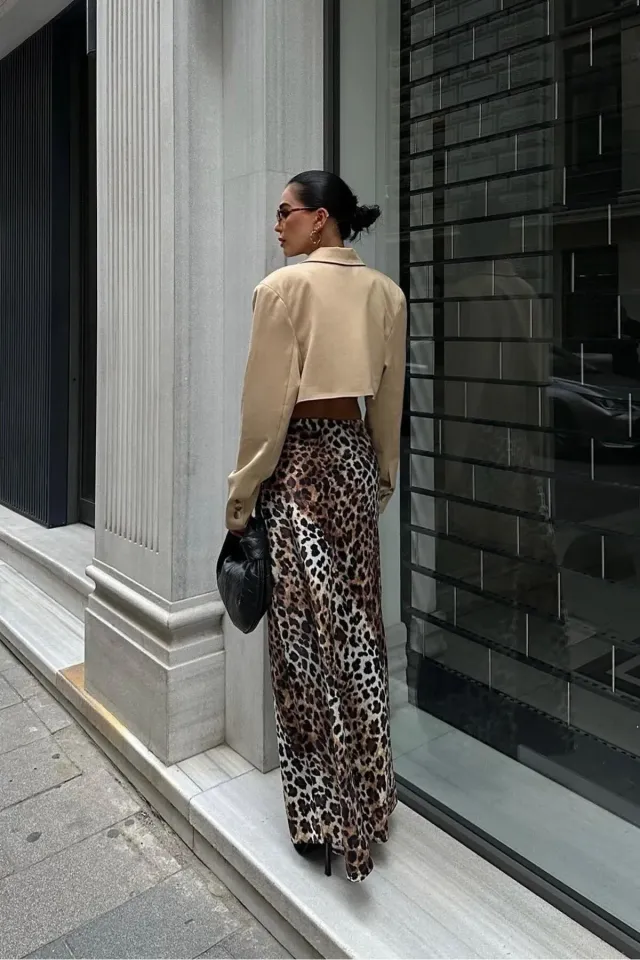Leopar Desen Saten Etek
